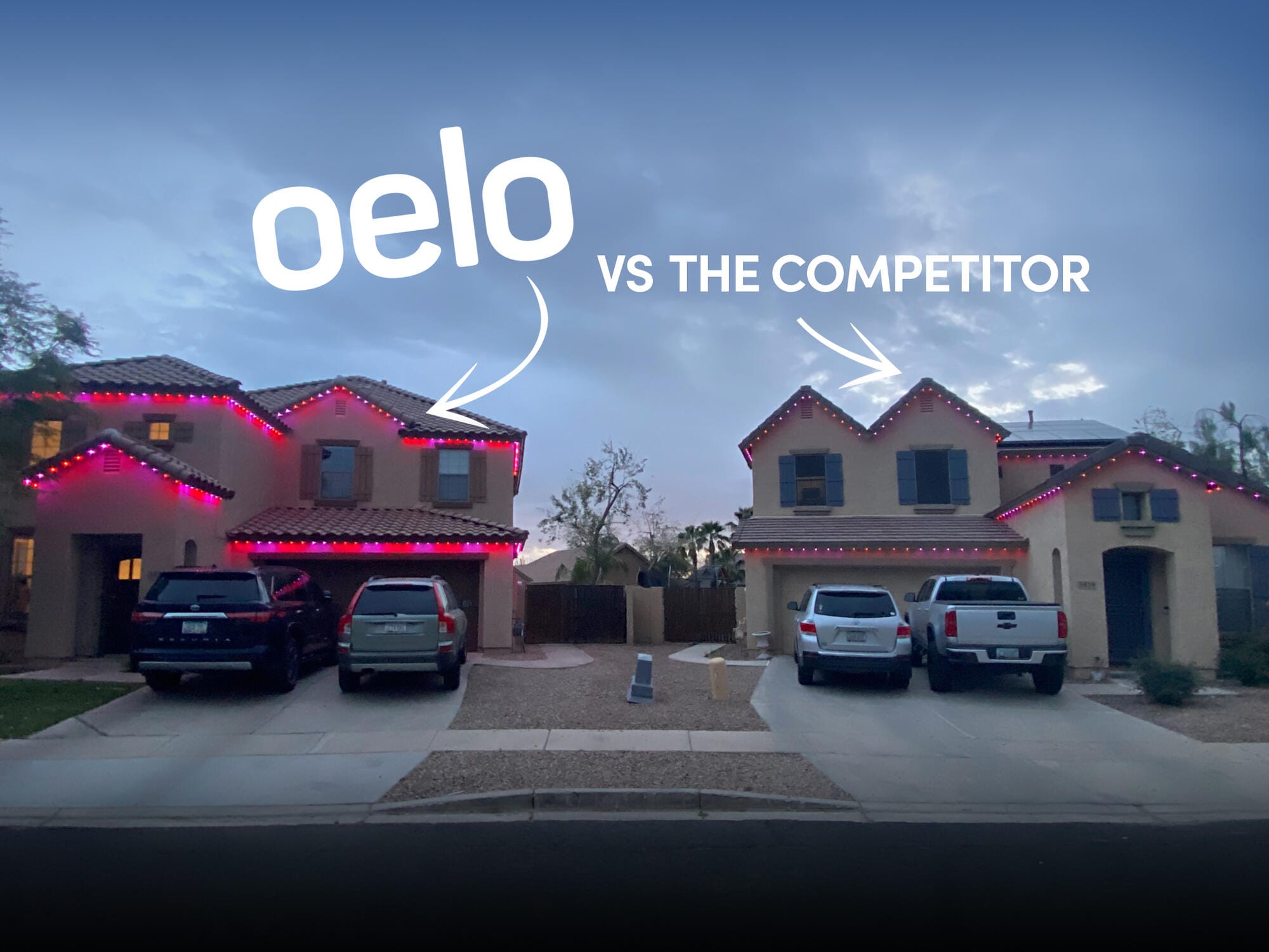 Side-by-side comparison of Oelo permanent lighting versus a competitor, highlighting the superior brightness and color consistency of Oelo lights.