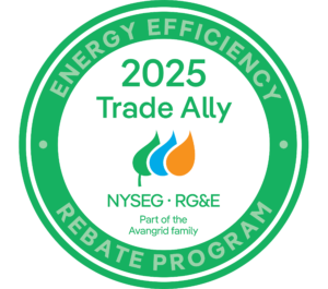Decorative green seal logo with 'ENERGY EFFICIENCY REBATE PROGRAM' around the edge and center text reading '2025 Trade Ally, NYSEG • RG&E, Part of the Avangrid family' with small flame/leaf icons.