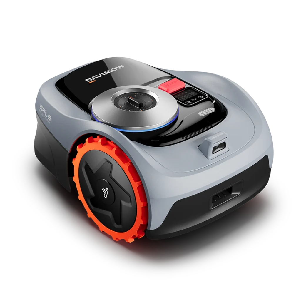 Navimow i105 robotic mower with orange wheels and control dial