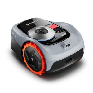 Navimow i105 robotic mower with orange wheels and control dial