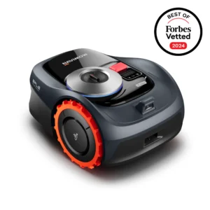 Navimow i110 robotic mower with orange wheels and control dial, shown with a “Best of Forbes Vetted 2024” badge.