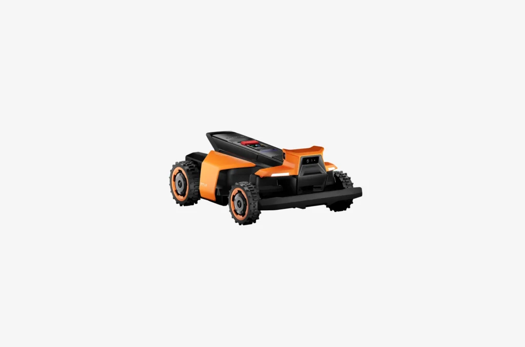 Front angled view of Segway Navimow Terranox robotic lawn mower highlighting rugged design, bumper, and front sensors