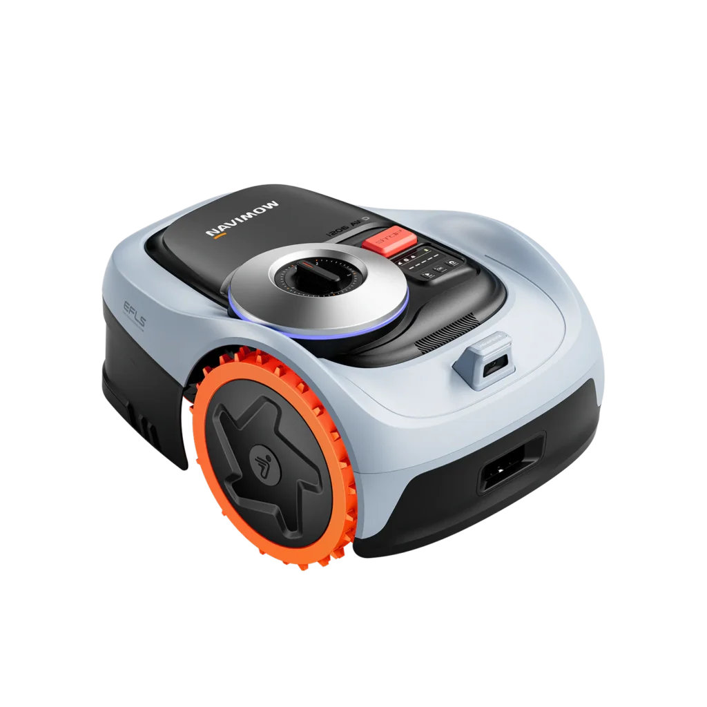 Front angled view of Segway Navimow i206 AWD robotic lawn mower highlighting design and all-wheel drive tires