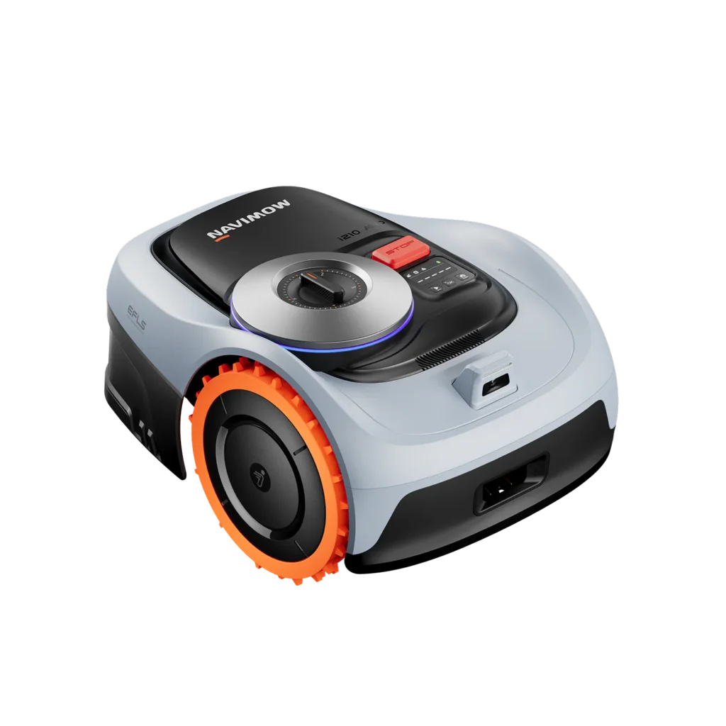 Front angled view of Segway Navimow i210 AWD robotic lawn mower highlighting design and all-wheel drive tires