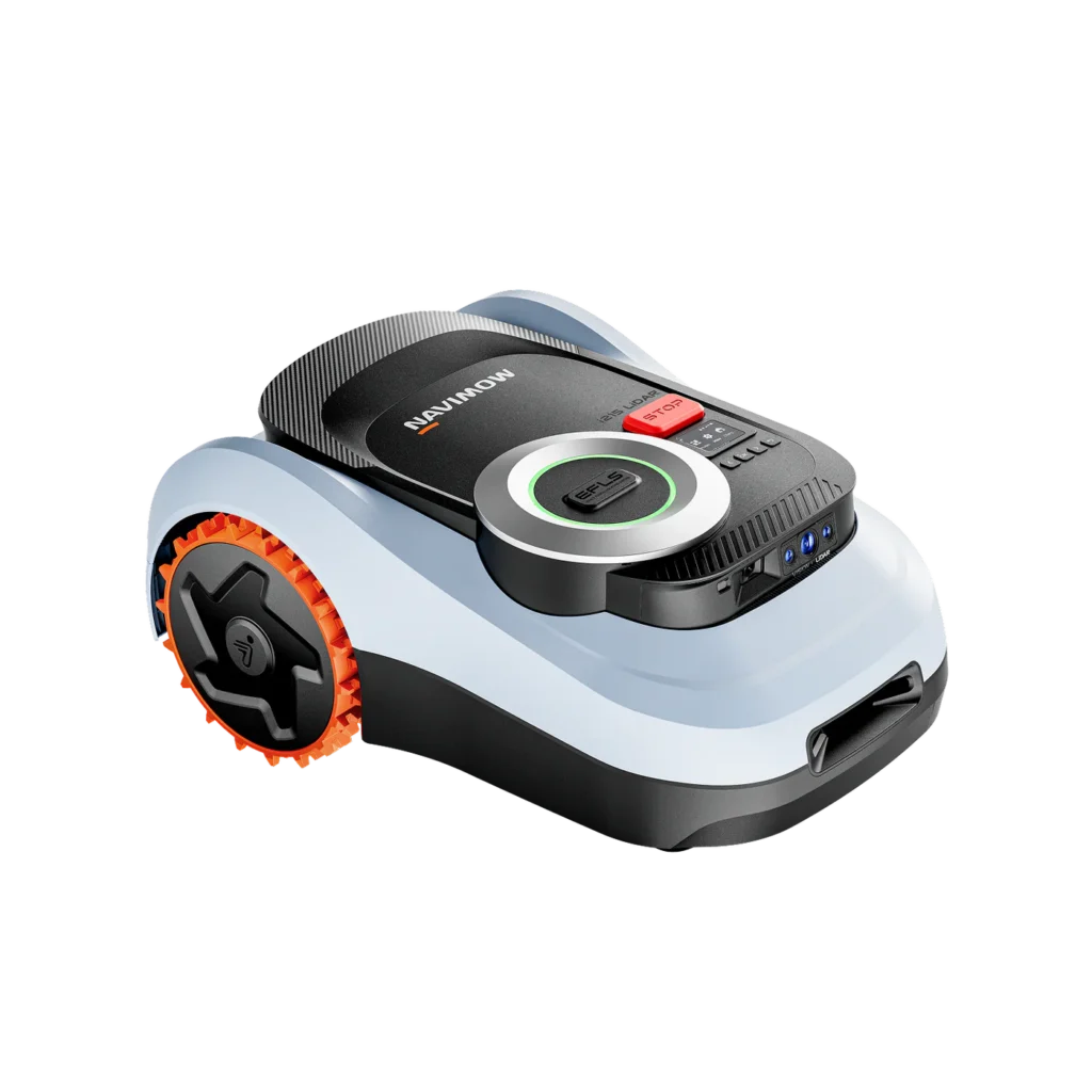 Front angled view of Segway Navimow i215 LiDAR robotic lawn mower highlighting sensor array and wheel design