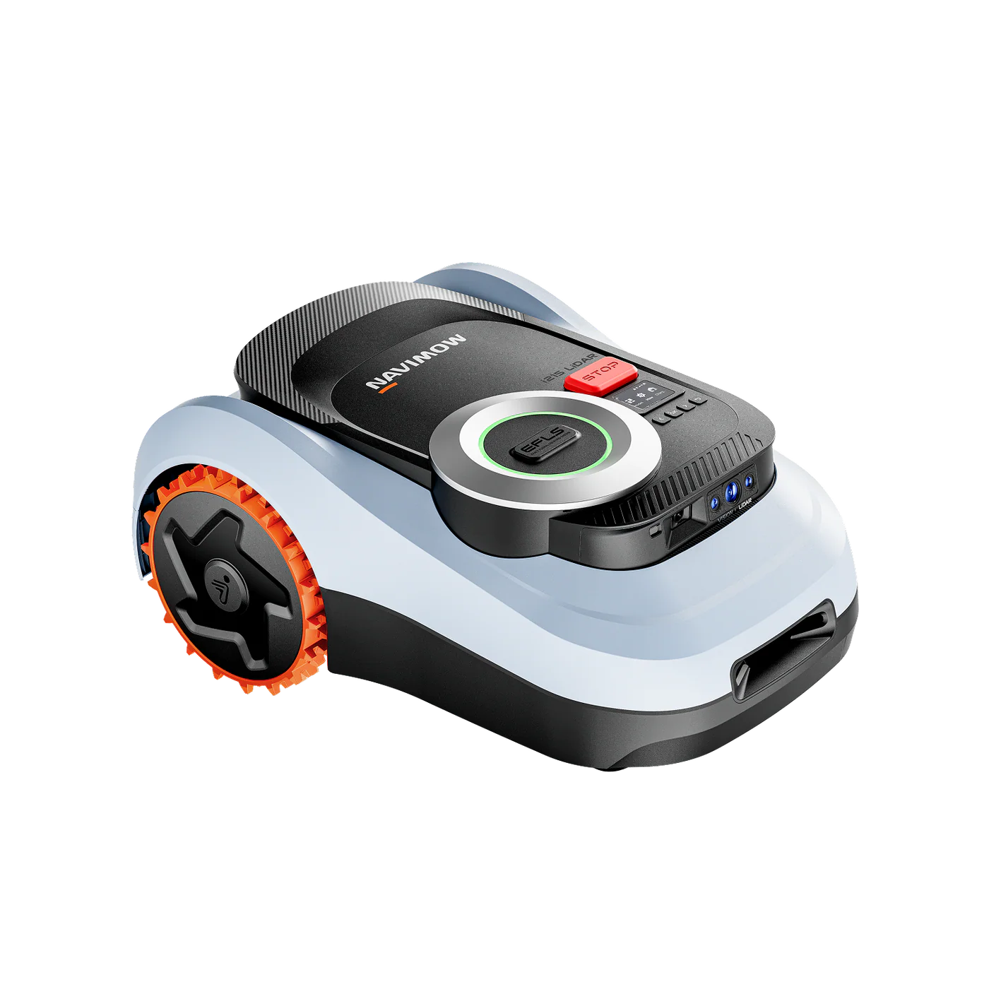 Front angled view of Segway Navimow i215 LiDAR robotic lawn mower highlighting sensor array and wheel design