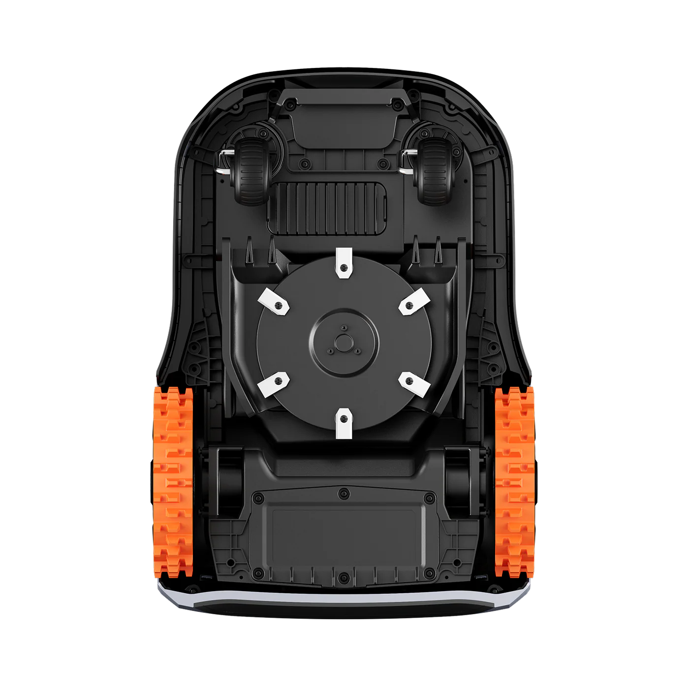 Bottom view of Segway Navimow i215 LiDAR robotic lawn mower showing cutting disc, blade layout, and drive wheels