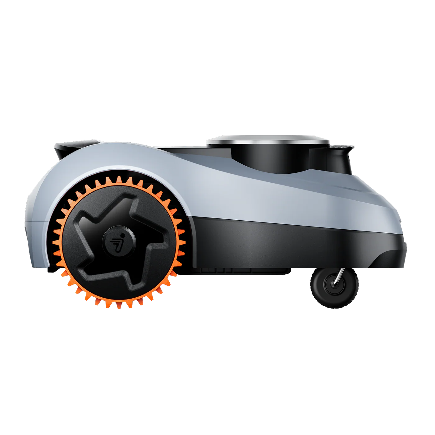 Left side view of Segway Navimow i215 LiDAR robotic lawn mower showing drive wheel and body profile