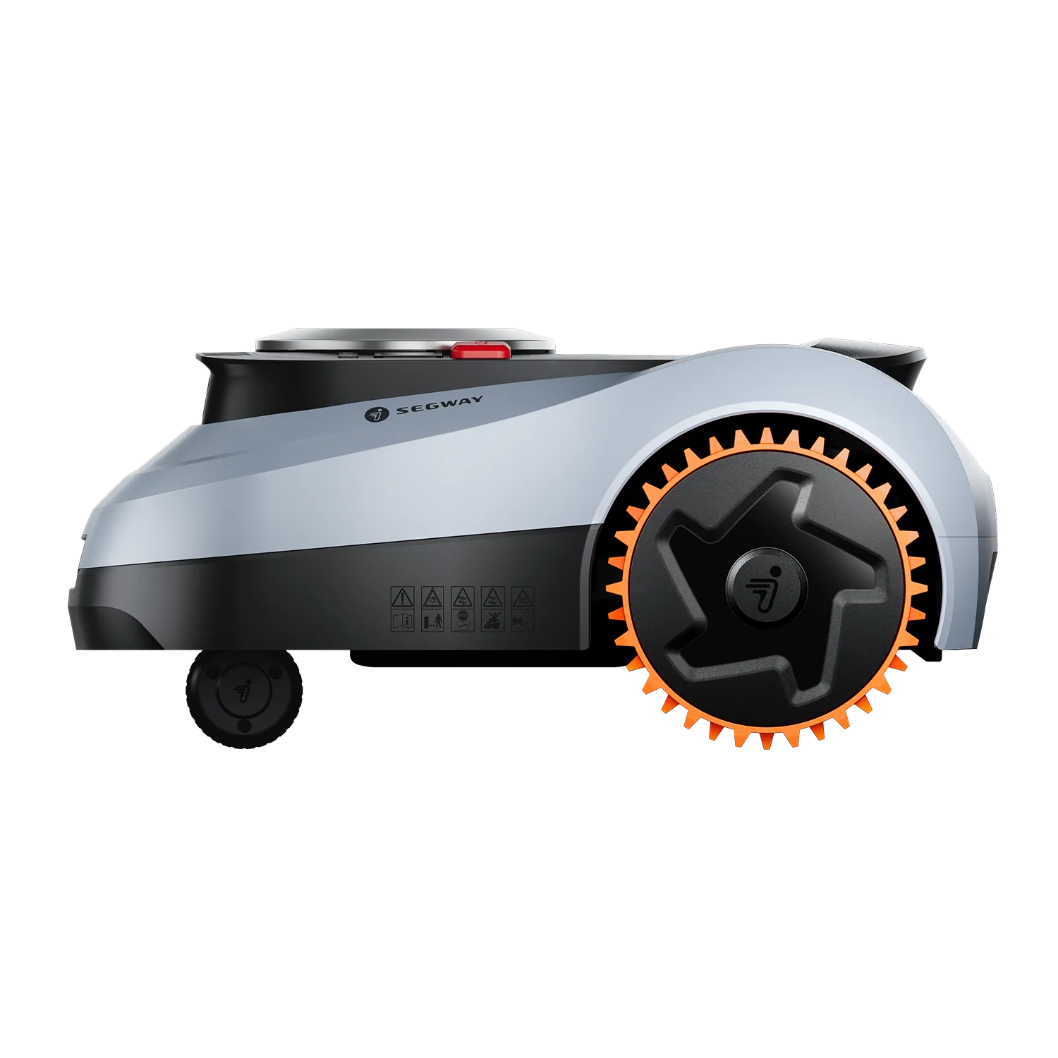 Right side view of Segway Navimow i215 LiDAR robotic lawn mower with rugged wheel and side housing