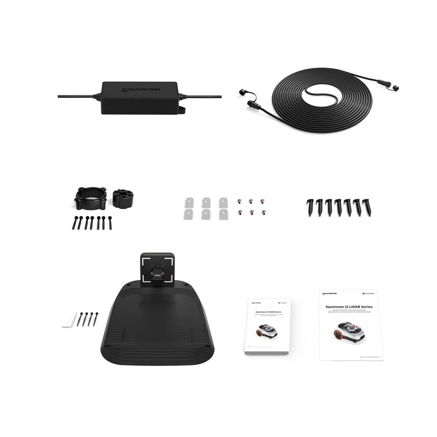 Navimow i2 Series AWD robotic mower contents including charging base, power supply, antenna, installation hardware, and manuals