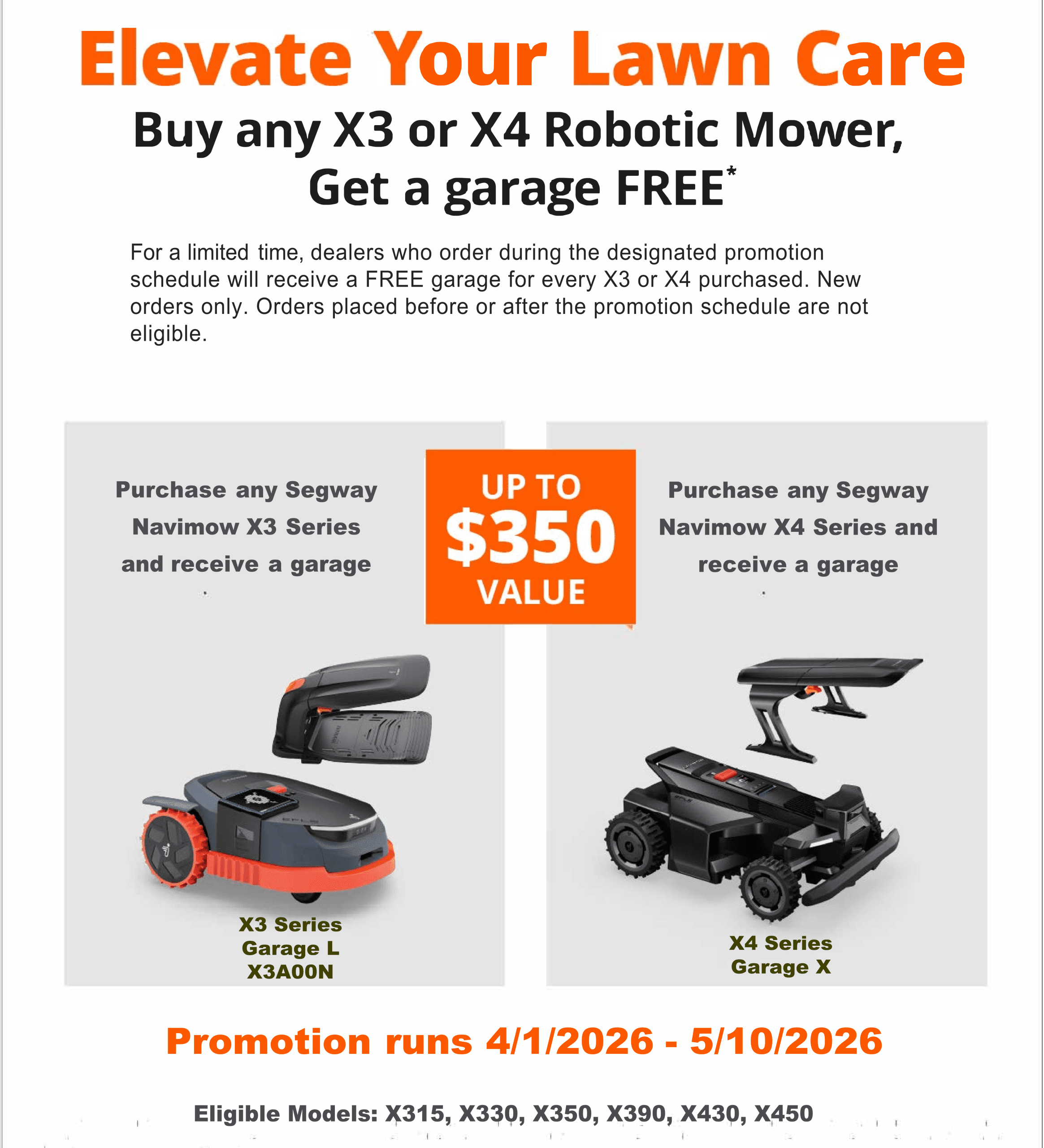 Segway Navimow Spring 2026 promotion offering a free garage with purchase of X3 or X4 robotic lawn mower, including models X315, X330, X350, X390, X430, and X450, valid April 1 to May 10, 2026.