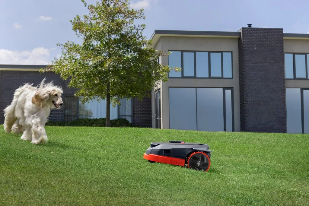 A Segway Navimow robotic mower cutting grass on a sloped backyard as a dog runs across the lawn near a modern house.