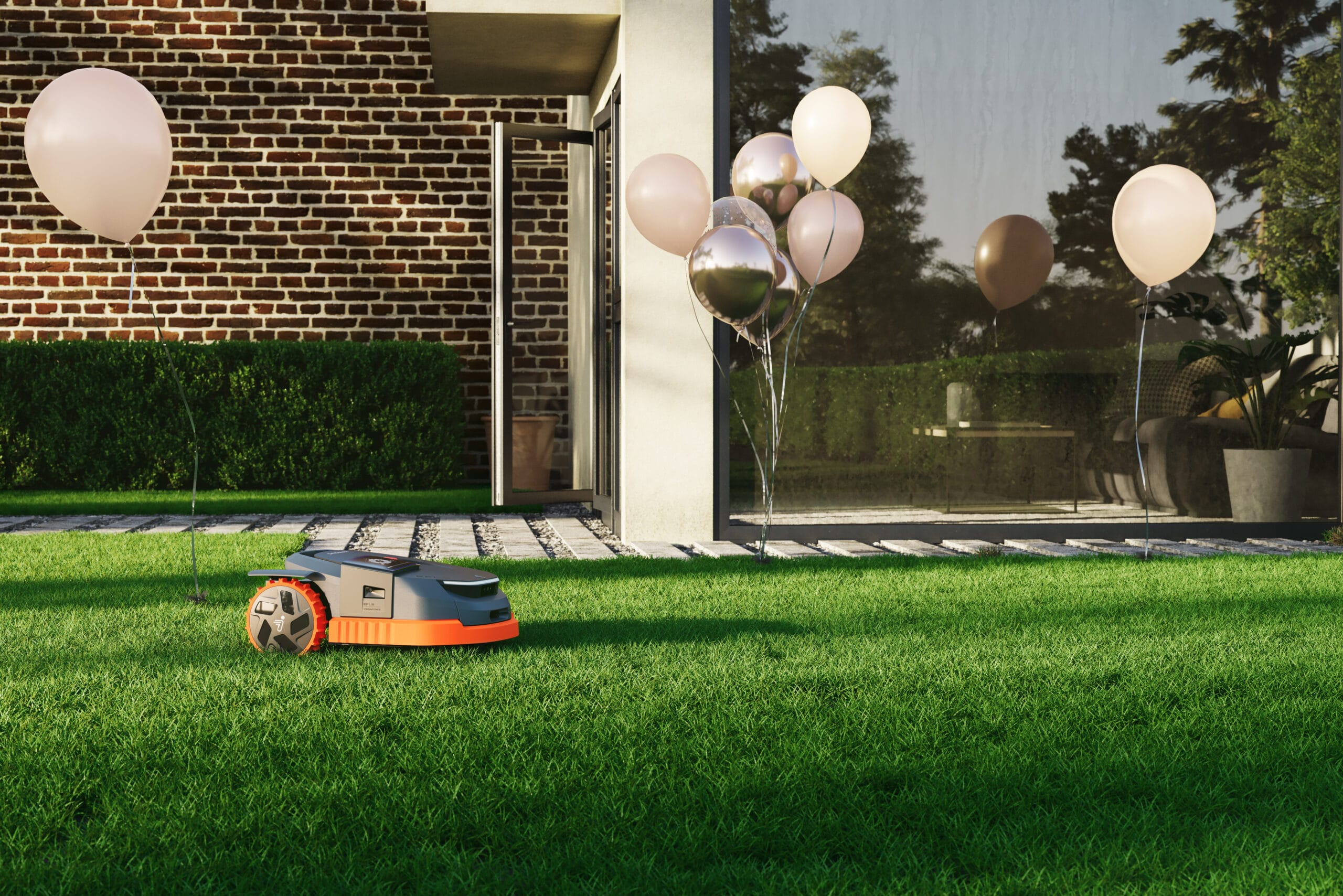 Segway Navimow robotic lawn mower operating on a well-manicured lawn with decorative balloons outside a modern home.