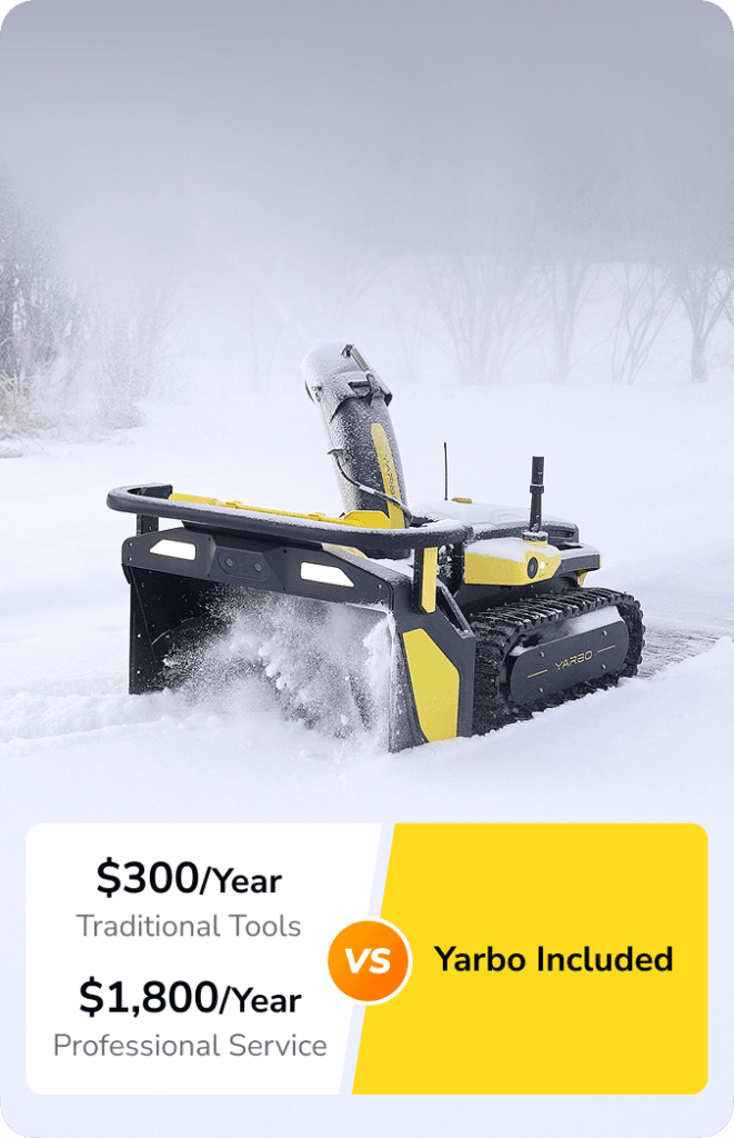 Autonomous Yarbo snow blower clearing a snowy driveway with cost comparison showing $300 per year for traditional tools, $1,800 per year for professional snow removal, versus Yarbo included.
