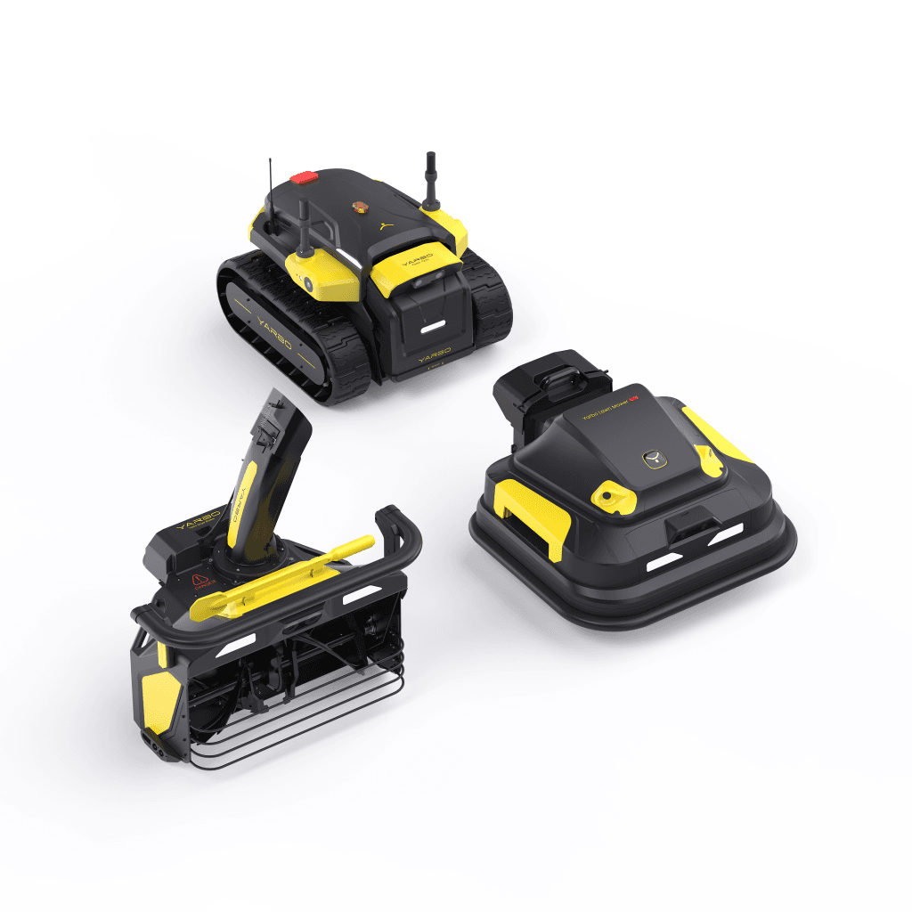 Autonomous Yarbo modular robot system with the Universal Body, Snow Blower attachment, and Lawn Mower Pro attachment displayed side by side.