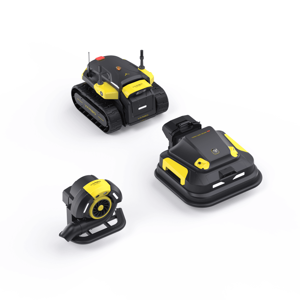 Yarbo autonomous yard robot bundle with tracked core unit, lawn mower pro module, and leaf blower attachment on a white background.