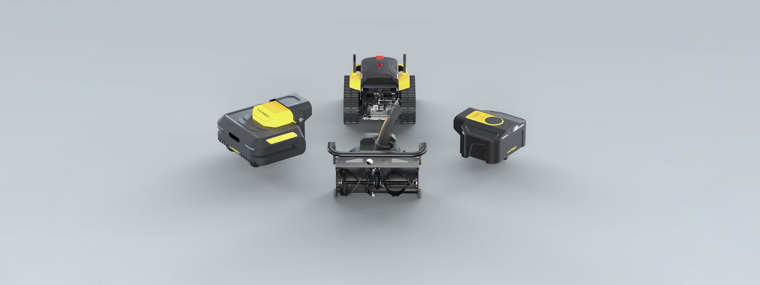 Yarbo’s modular system displayed with the Core unit surrounded by the mower, snow blower, and leaf blower attachments on a gray background.