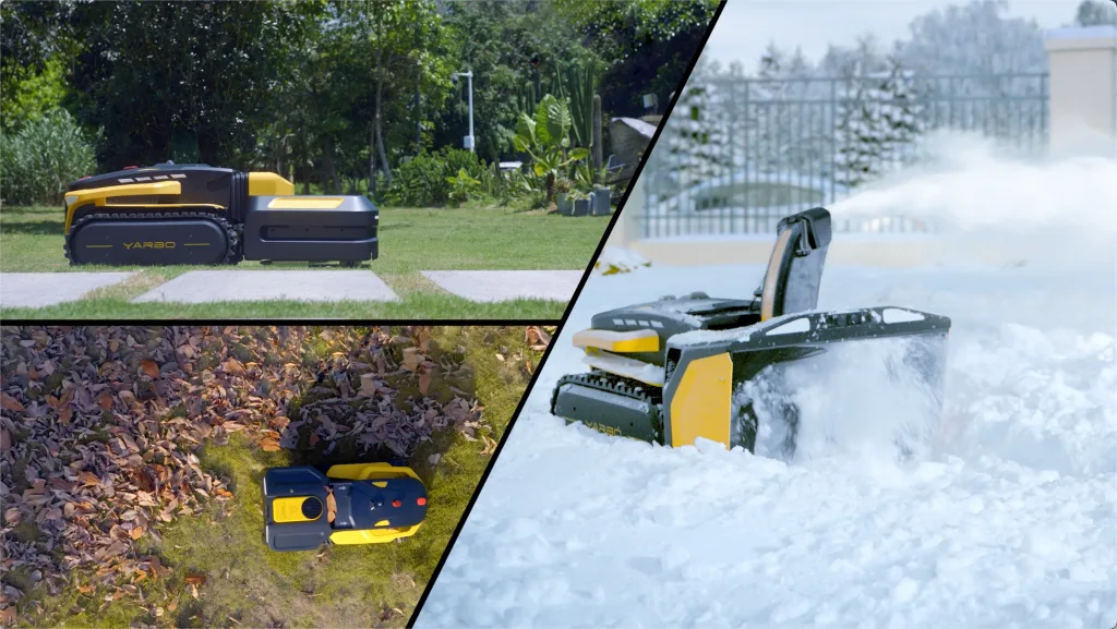 Three scenes showing the Yarbo modular robot performing different tasks: mowing a lawn, clearing leaves from above, and blowing snow in winter conditions.