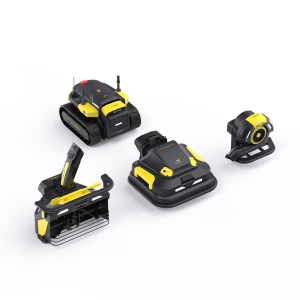 Yarbo 4-in-1 autonomous yard robot system featuring the tracked core unit with Lawn Mower Pro deck, snow blower attachment, leaf blower module, and robotic trimmer displayed on a white background.