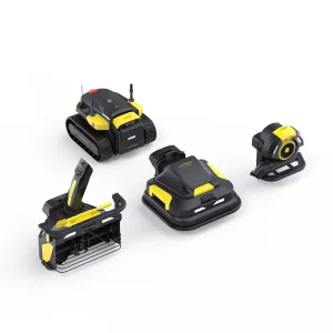 Yarbo modular autonomous yard robot system showing tracked core unit with interchangeable lawn mower deck, snow blower attachment, and leaf blower module arranged on a white background.