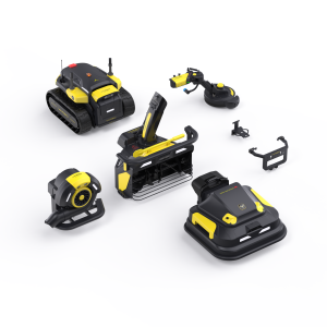Yarbo modular robotic system with tracked core unit and interchangeable attachments, including lawn mower, snow blower, leaf blower, robotic arm, and mounting accessories displayed on a white background.