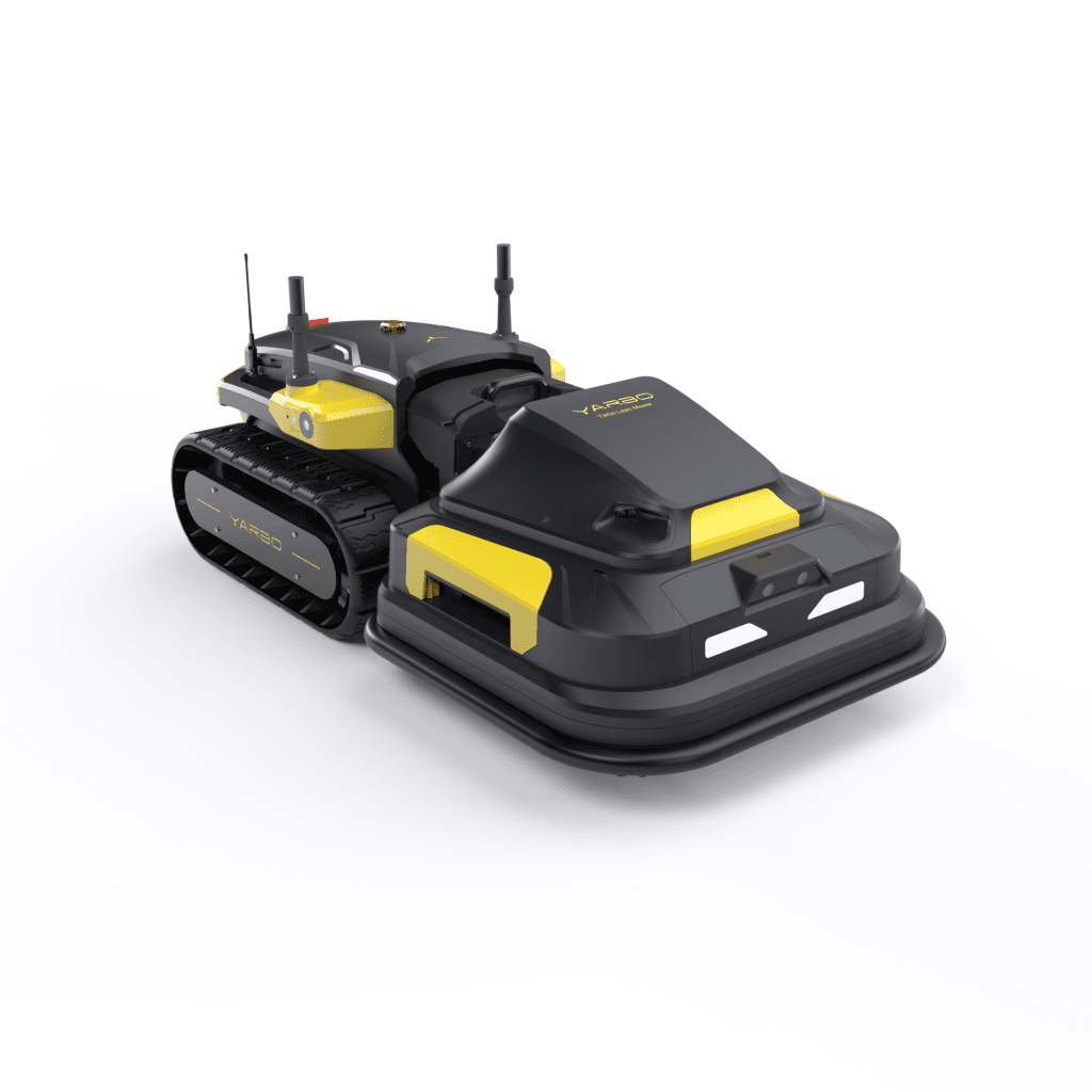 Yarbo robot shown with the Lawn Mower Module attached, displaying the autonomous mowing configuration from a front perspective.