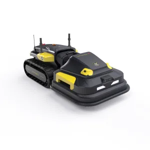 Front angle of the Yarbo Lawn Mower Pro robotic mower with modular design, yellow accents, and track-style wheels.