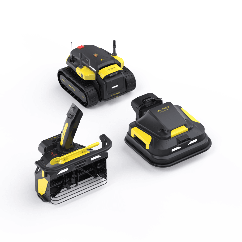Yarbo autonomous yard robot bundle featuring tracked core unit with interchangeable lawn mower module and snow blower attachment displayed on a white background.