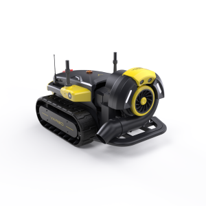 Yarbo robot shown with the Leaf Blower Module attached, configured for autonomous leaf and debris clearing.