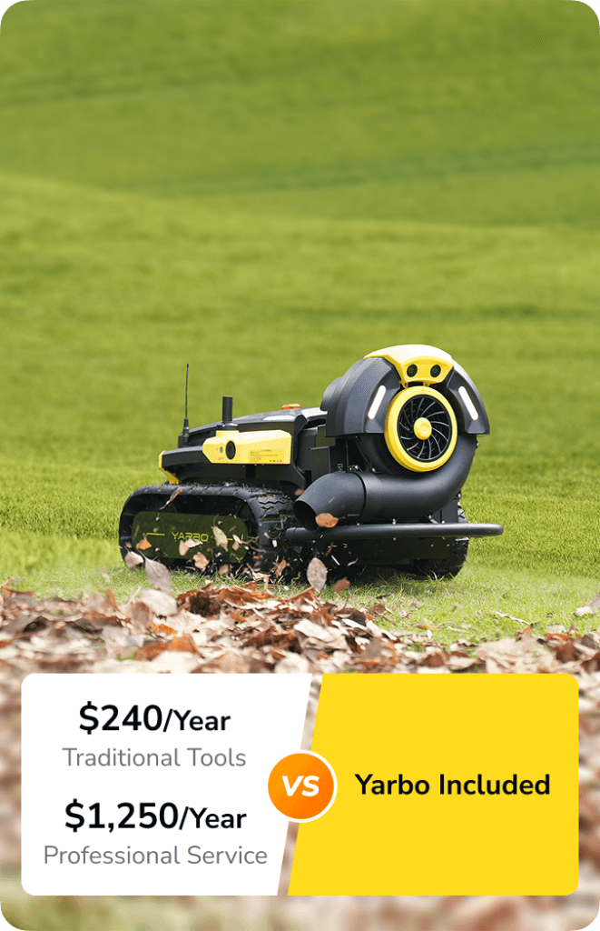 Yarbo robotic leaf blower removing leaves from a lawn with cost comparison showing $240 per year for traditional tools, $1,250 per year for professional leaf clearing, versus Yarbo included.