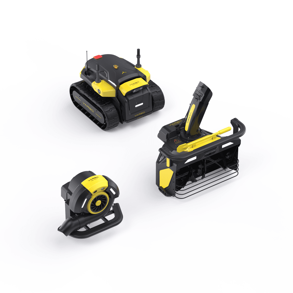 Yarbo autonomous tracked robot with interchangeable snow blower and leaf blower attachments displayed separately on a white background.
