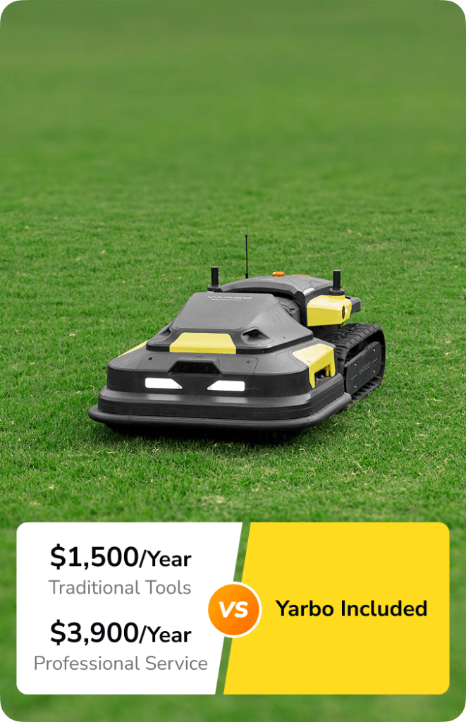 Yarbo robotic lawn mower operating on a green lawn with cost comparison showing $1,500 per year for traditional tools, $3,900 per year for professional lawn mowing, versus Yarbo included.
