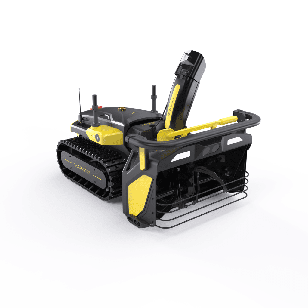 Front angled view of the Yarbo Snow Blower robot with the 2-stage blower module attached. The image highlights the auger intake, protective front grill, adjustable snow chute, and rugged track system.