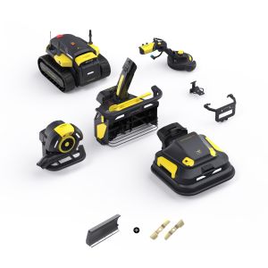 Yarbo modular autonomous robot system with tracked core unit and interchangeable attachments, including snow blower, lawn mower, leaf blower, trimmer, robotic arm, plow, and included blade accessories, arranged on a white background.