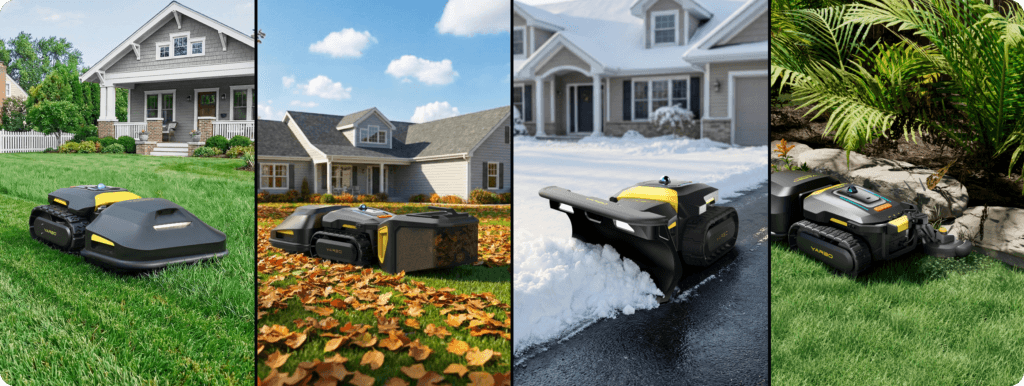 Yarbo M Series modular robotic yard robot performing mowing, trimming, and snow removal year-round