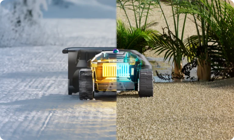 Yarbo M Series all-season robotic yard robot with internal components highlighted for snow and grass operation