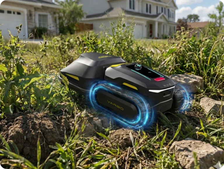 Yarbo M Series robotic yard robot navigating rough and uneven terrain with tracked drive system