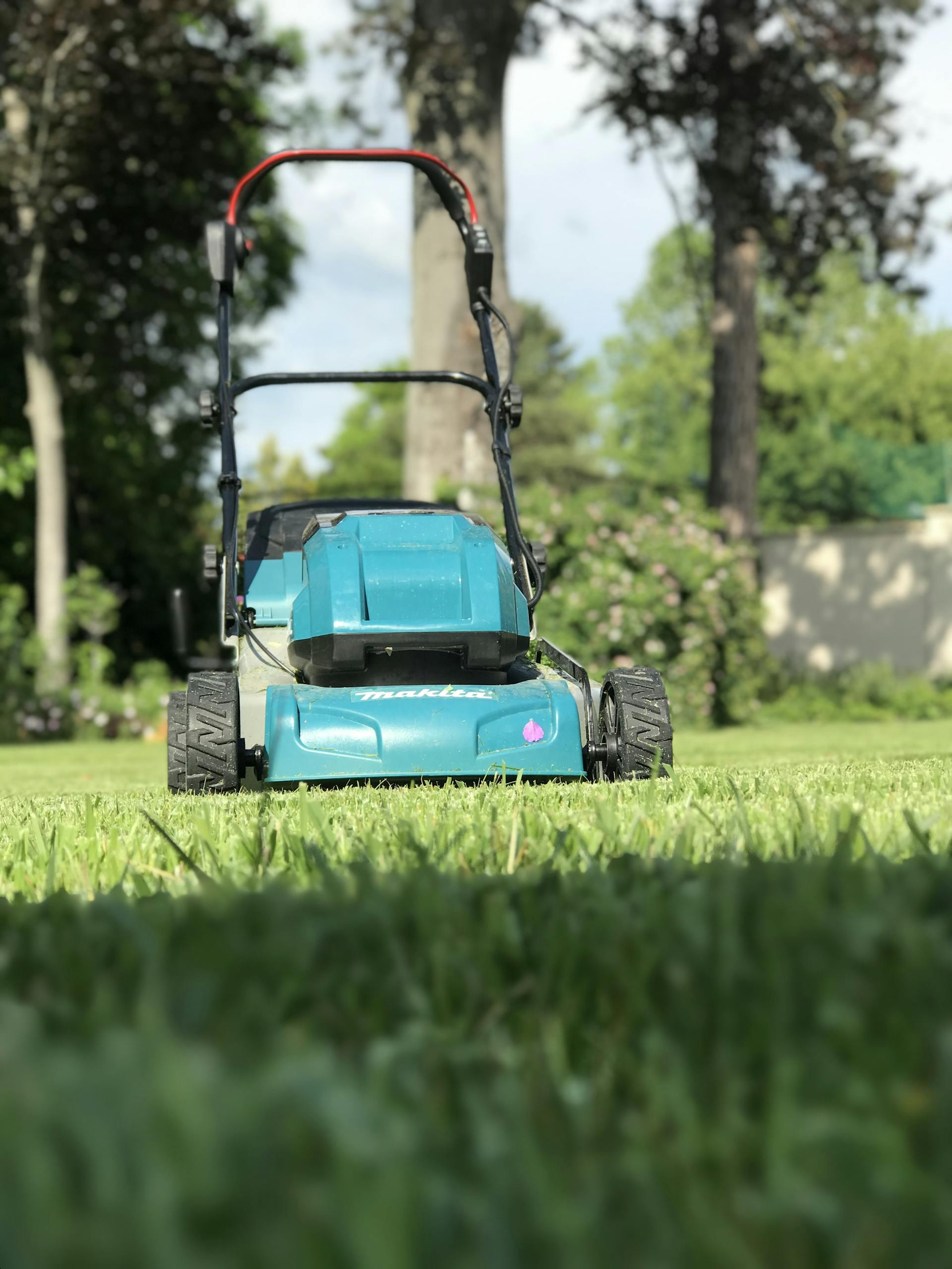 A blue lawn mower on a lush green lawn during a sunny summer day in Göd, Hungary.