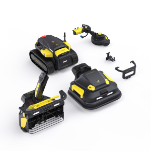 Yarbo autonomous yard robot bundle showing core unit, Lawn Mower Pro deck, leaf blower, trimmer attachment, and accessory mounts displayed separately.