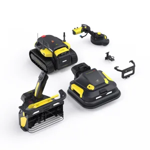 Autonomous Yarbo modular yard robot system with tracked base, robotic arm, lawn mower module, snow blower attachment, trimmer head, and mounting brackets displayed on a white background.